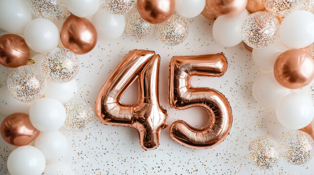 Elegant pink metallic balloon number "45" surrounded by white and rose gold confetti balloons, celebrating a milestone occasion