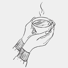 Hand drawn two hands in sweater holding hot cup of tea or coffee. Cafe design, warm beverage. Vector sketch illustration in vintage retro style. Winter food greeting card.