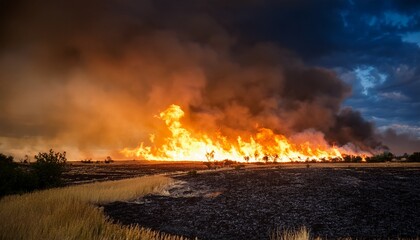 Fototapeta premium intense blaze of fire illuminating a dark sky over a burnt field landscape