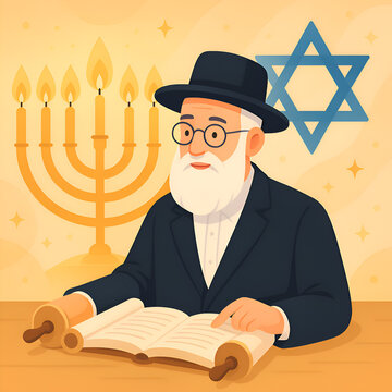Illustration of a rabbi teaching with menorah and Torah.