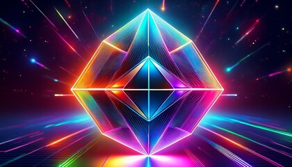 a vibrant iridescent polyhedron is pierced by colorful neon laser beams on a dark speckled background