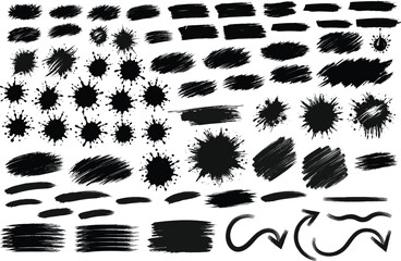 different ink brush Mega bundle strokes. artistic design elements: waves, circles, triangles, rectangle,square and round freehand drawings.Ink splatters,grungy painted lines Vector paintbrush set.