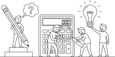 Cartoon Figures Solving Problems with Calculator, Pencil, and Light Bulb – Educational, Analytical, and Creative Thinking Line Art Illustration