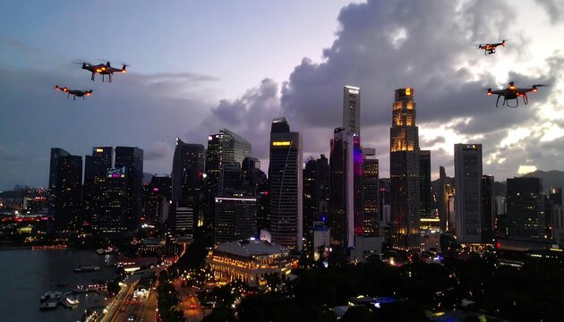 City skyline at dusk with drones