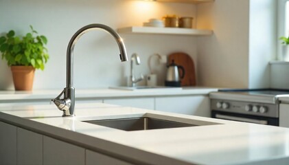 Sparkling clean kitchen countertops, gleaming sink, and freshly wiped appliances showcase the satisfying results of a thorough cleansing housework session , bright, countertop