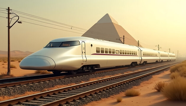 A futuristic train travels past the pyramids in the desert at sunset. - Powered by Adobe