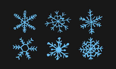 Christmas snowflake set with wax, white crayon or charcoal texture. Quirky chalkboard style, perfect for kindergarten Xmas crafts, cards and holiday designs. Vector illustration drawn as if by a child