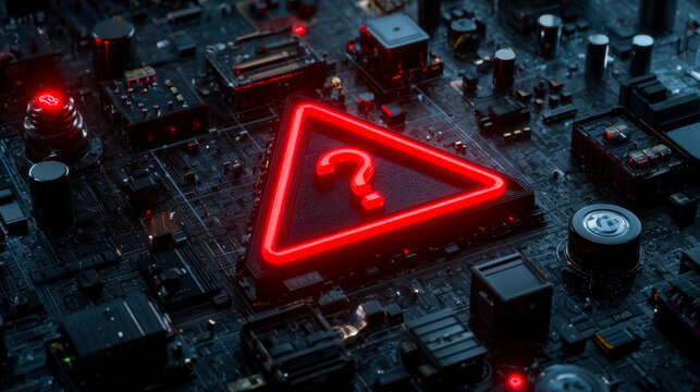 Illuminated warning symbol with a question mark on a futuristic circuit board background - Powered by Adobe