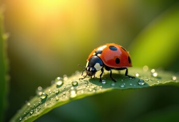 Fototapeta premium vibrant ladybug perched dewy leaf glimmering morning sunlight, macro, nature, green, bright, detail, wildlife, micro, flora, texture, waterdrop, garden