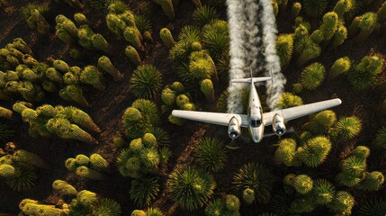 Aerial View of Crop Duster Plane Over Lush Green Cactus Field