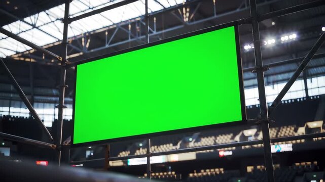Empty Green Screen Billboard on Scaffolding Inside Stadium with Bright Lights