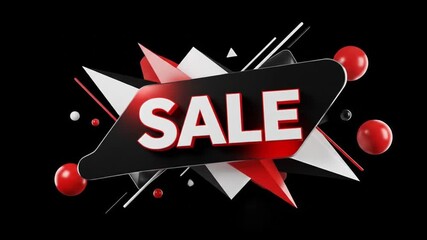Video of an abstract geometric background in black, white, and red with bold sale typography and floating 3D elements. Perfect for ads and banners. - Powered by Adobe