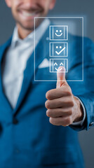 Closeup of a smiling man in a blue suit giving a thumbs up gesture while interacting with a digital interface displaying three emoticon