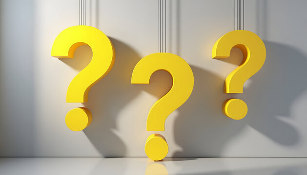 Three yellow question marks hanging against a white wall