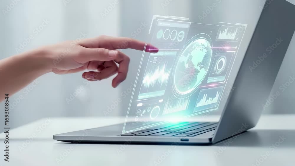 Wall mural hand interacting with holographic digital interface above laptop. virtual reality dashboard, futuris