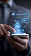 Closeup of Hands Holding Smartphone Displaying A I Assistant Interface Blue Light Digital Robot Technology Concept