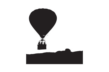 A striking black silhouette of a hot air balloon ascending over a textured landscape at dawn or dusk silhouette