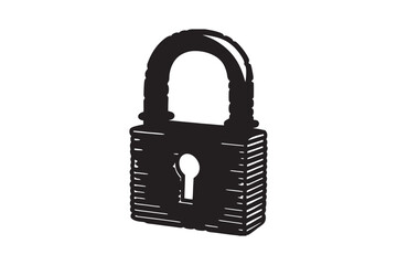 A vintage weathered black padlock with a classic keyhole depicted in a striking silhouette style on a white background