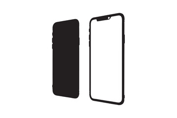 Two smartphone outlines one solid black silhouette and one empty white frame on a white background silhouette