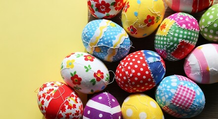 Obraz premium Colorful Fabric Easter Eggs on Yellow Background.