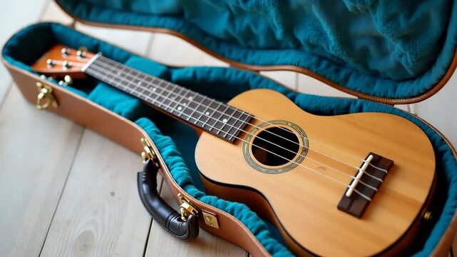 Ukulele in case showing a musical instrument, ukulele, with wooden body and brown leather case. Ukulele instrument for music enjoyment and artistic expression.