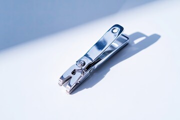 Close-up of a small, shiny metal nail clipper