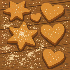 star-shaped and heart-shaped cookies sprinkled with sugar, placed on a wooden surface with crumbs scattered around.