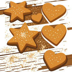 heart-shaped and star-shaped cookies sprinkled with sugar on a rustic wooden surface, with crumbs scattered artistically around.