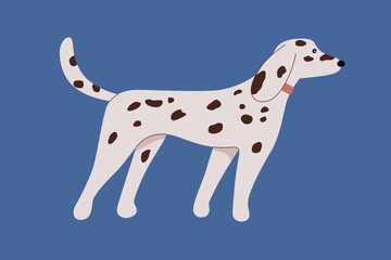 White Dalmatian dog with black spots in profile. Cute vector illustration in simple childish style for veterinary clinic design, pet food advertising, exhibition flyers.