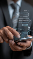 Closeup of Male Hands Using Smartphone with A I Chat Interface Overlay Showing Digital Communication and Data Interaction