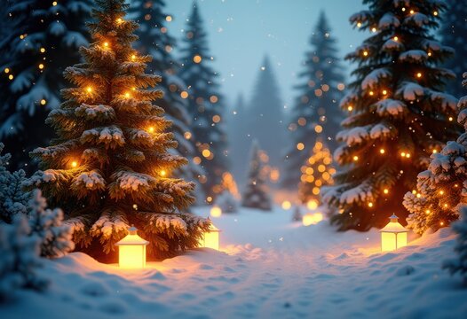 Sparkling Holiday Lights Wrapped Around Evergreen Trees Festive Winter Wonderland Cozy Glow Seasonal Decorations