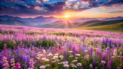 Fototapeta premium Vibrant sunset over a field of blooming lupine flowers in the mountains