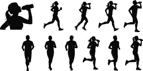 Flat vector illustration of people running and drinking water, fitness activity, jogging exercise, silhouette design for health, workout, sport concept