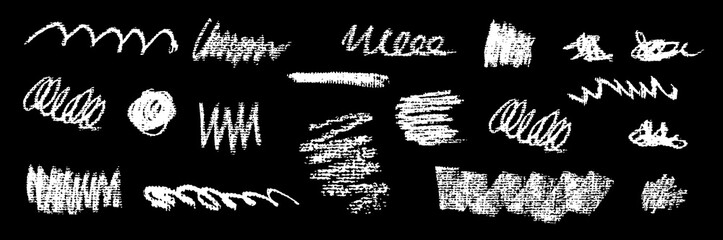 Freehand scrawl collection with white bold dry strokes, thick smears, swirl curls and wave traces. Vector scratchy decorative style evokes pop chalkboard stain textures for playful kindergarten design