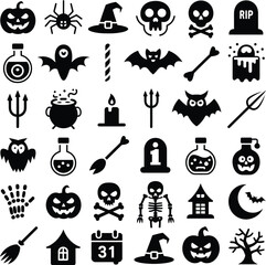 (134)Halloween Icon Set &ndash; Black Silhouette Vector Illustrations of Pumpkins, Ghosts, Tombstones, Bats, and Spooky Symbols