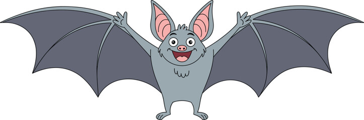 Obraz premium Happy cartoon bat with wide wingspan and big ears, smiling flying mammal, cute nocturnal animal illustration, fun wildlife vector art.