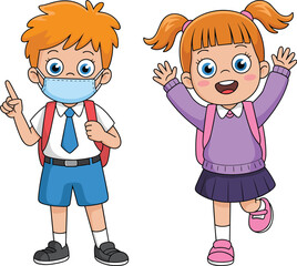 Happy school kids cartoon, boy wearing face mask, girl waving hands, school uniform, education, back to school, safety, fun