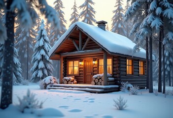 cozy cabin snow covered trees firewood tranquil winter wonderland heartwarming scene nature serenity, landscape, forest, woodland, evergreen, frost, scenery