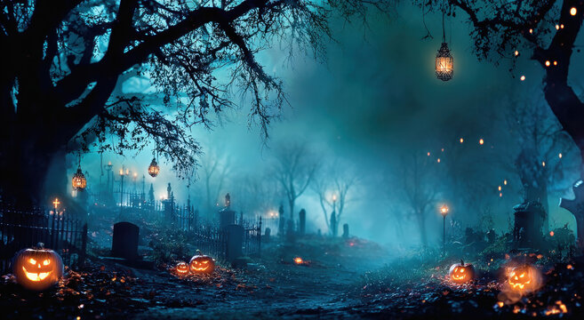 Jack O' Lanterns In Graveyard In The Spooky Night - Halloween Backdrop  
