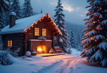 Fototapeta premium Cozy Winter Holidays with Frosty Snowflakes, Warm Fires, Pine Trees, and Festive Lights Celebrating the Joy of the Season