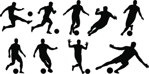Flat vector illustration of soccer players in action, kicking, dribbling, defending, silhouettes for sports, fitness, football training design concept