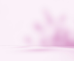 Empty pink purple colour room studio with sunlight effect shadow on the floor and wall for product presentation. Minimal backdrop design. Cosmetic beauty and fashion showroom. Summer background.