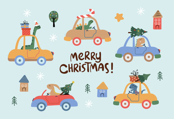 Dinosaur Christmas collection. Dino in cars with Christmas elements. 