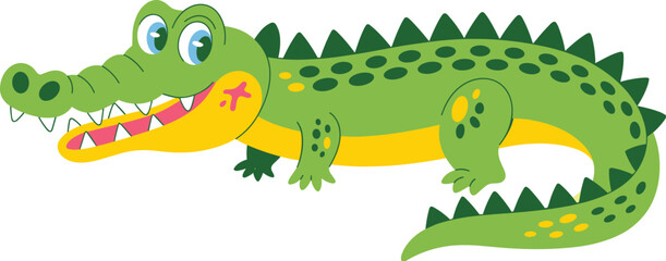 Obraz premium Cute cartoon crocodile, smiling green alligator, animal character, kids illustration, fun reptile art, happy jungle creature, children drawing