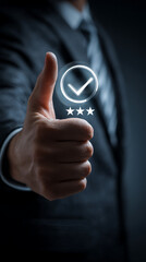 Businessman giving a thumbs up with a glowing checkmark and stars overlay approval agreement