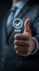 Businessman giving a thumbs up with a glowing checkmark and stars overlay approval agreement