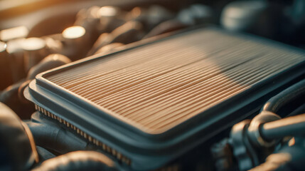 Close-up of a modern car engine component with metallic fins, showcasing intricate mechanical details under warm sunlight.