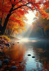Vibrant Autumn Foliage River Landscape Colorful Seasonal Nature Scenic Serenity