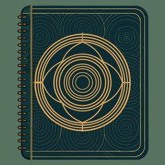 Fototapeta premium Elegant teal notebook illustration with geometric gold design and spiral binding perfect for stationery projects and creatives.