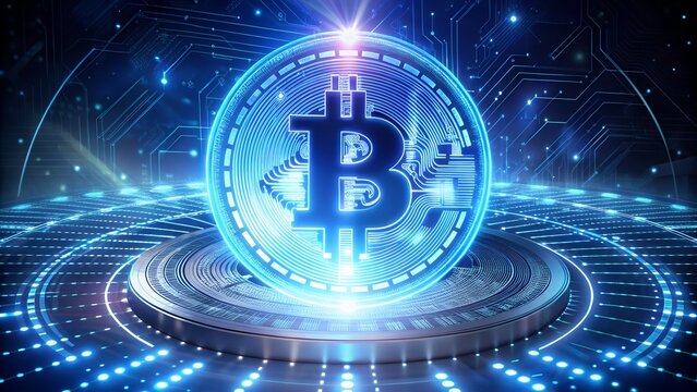 Dynamic blue Bitcoin symbol glowing intensely amidst futuristic digital circuit board network connections